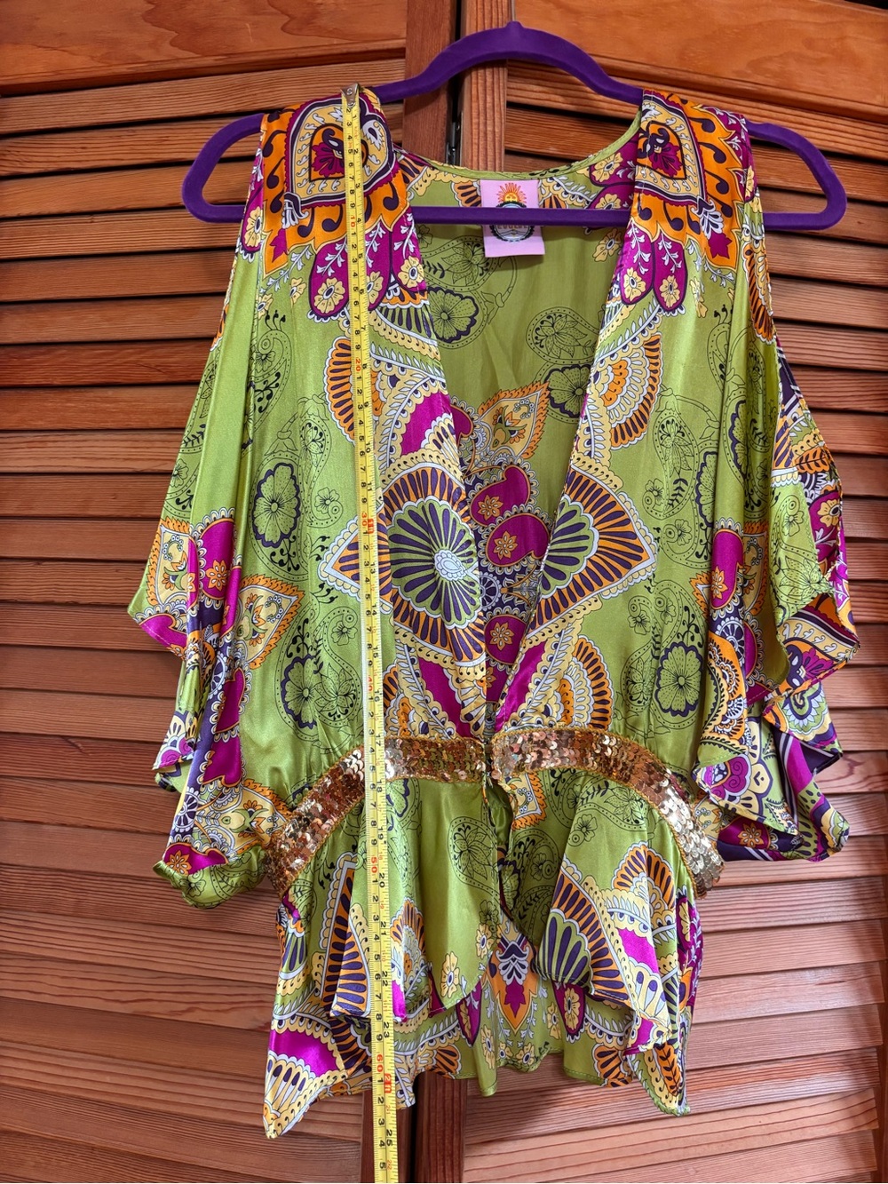 Bohemian Floral Kimono Blouse in Lime Green with Sequin Belt